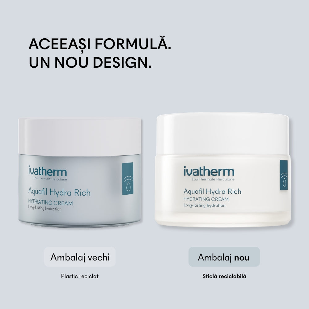 Comparatie intre ambalajul vechi si noul ambalaj din sticla al cremei Ivatherm Aquafil Hydra Rich.