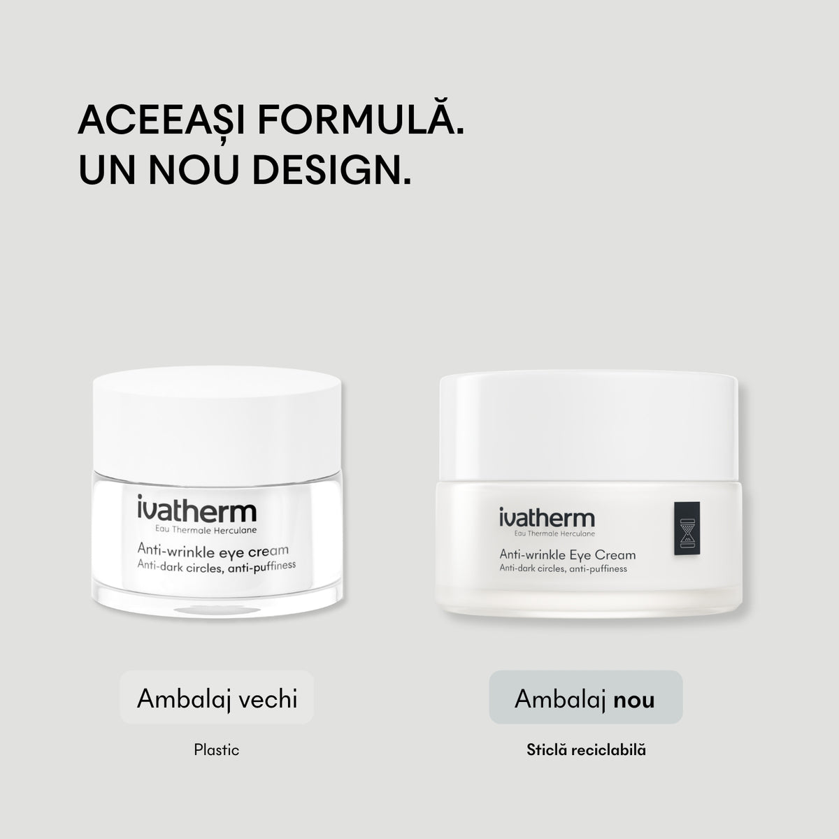 Comparatie ambalaj vechi din plastic si noul ambalaj din sticla al cremei de ochi antirid de la Ivatherm