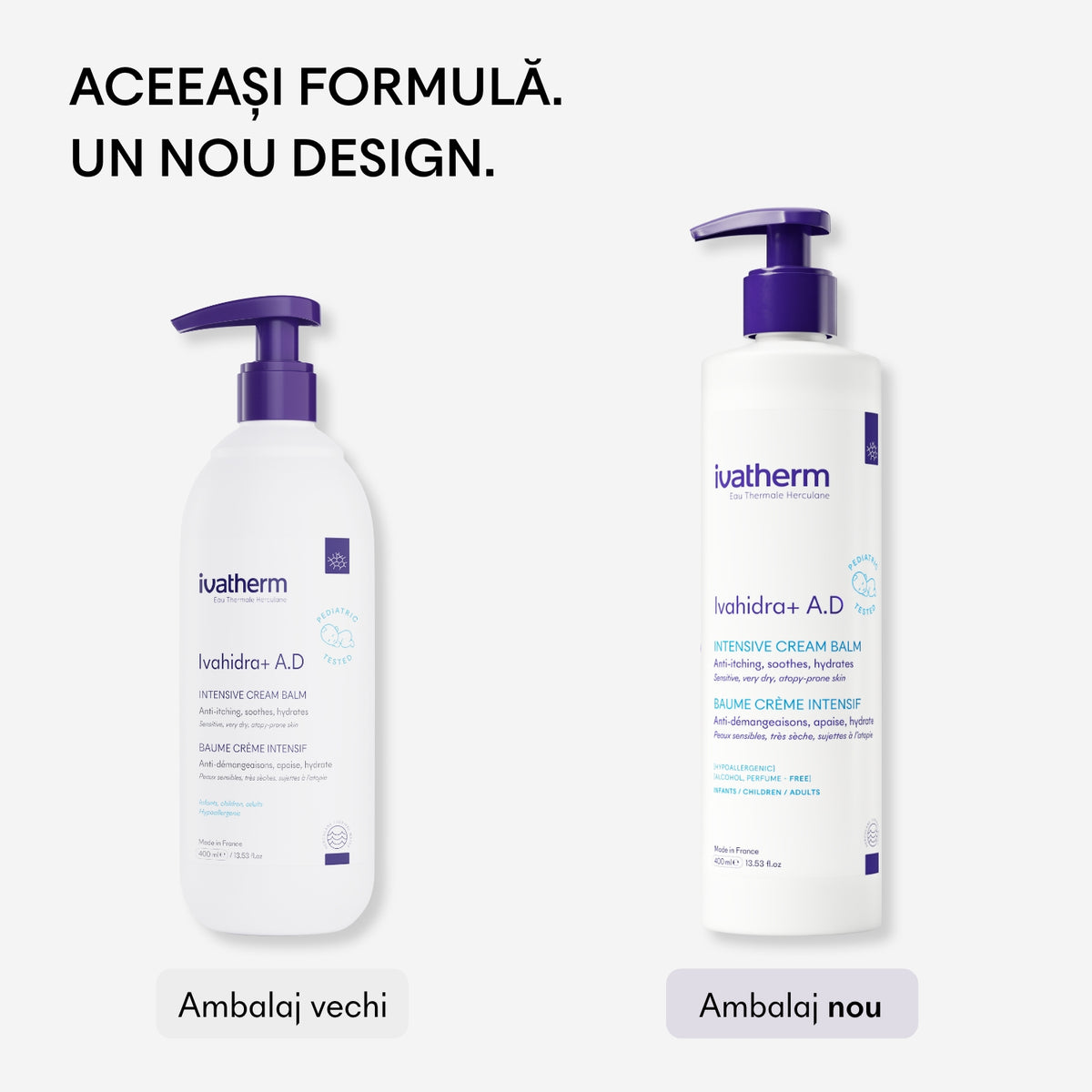Ivatherm Ivahidra+ A.D Cremă Balsam: comparație între ambalajul vechi și cel nou