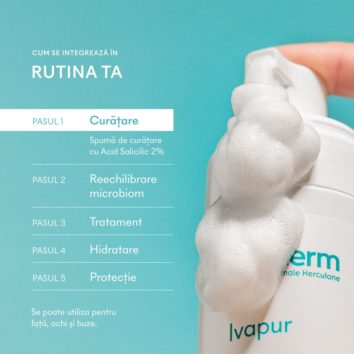 Rutina Ivapur cu Spumă 2%, AKNEBIOME, cremă și protecție solară