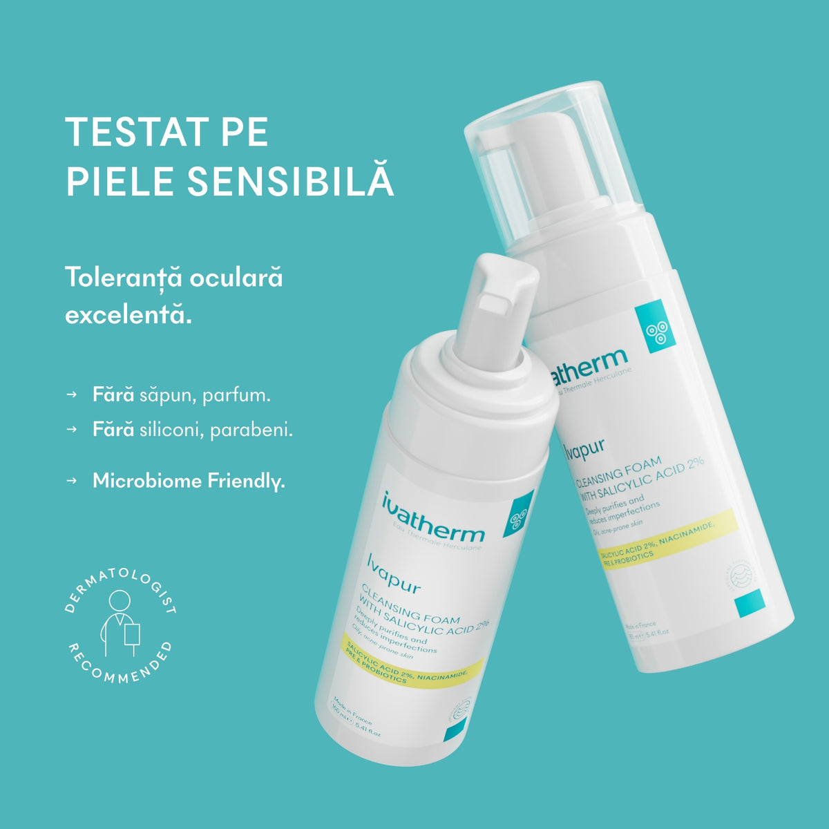 Ivapur Spumă cu Acid Salicilic 2% fără parfum și testată pe piele sensibilă