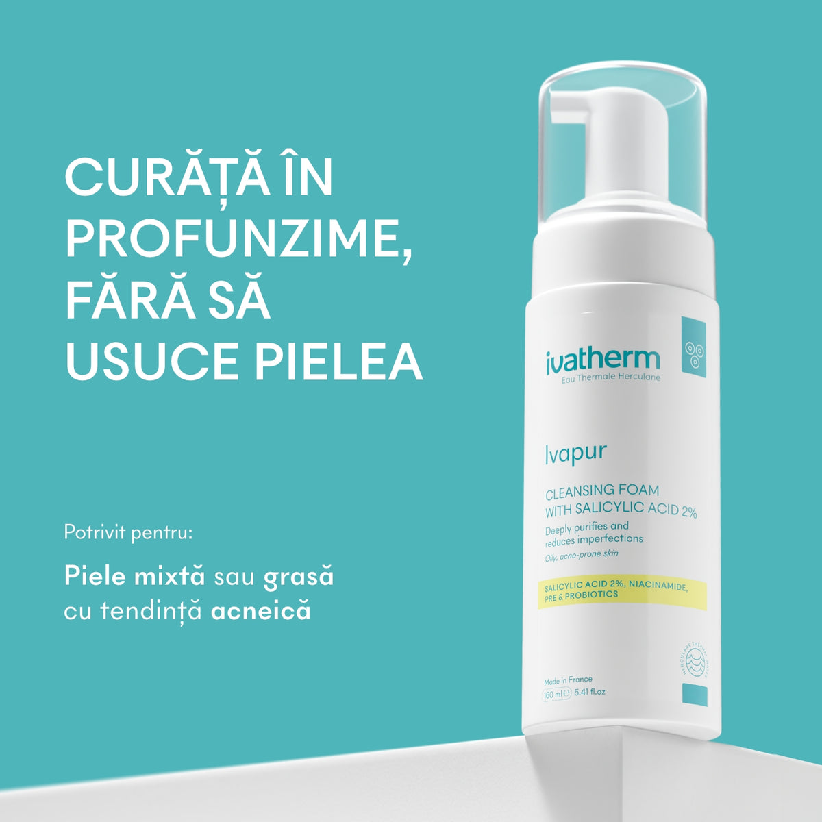 Ivapur Spumă cu Acid Salicilic 2% pentru pori încărcați, puncte negre și sebum