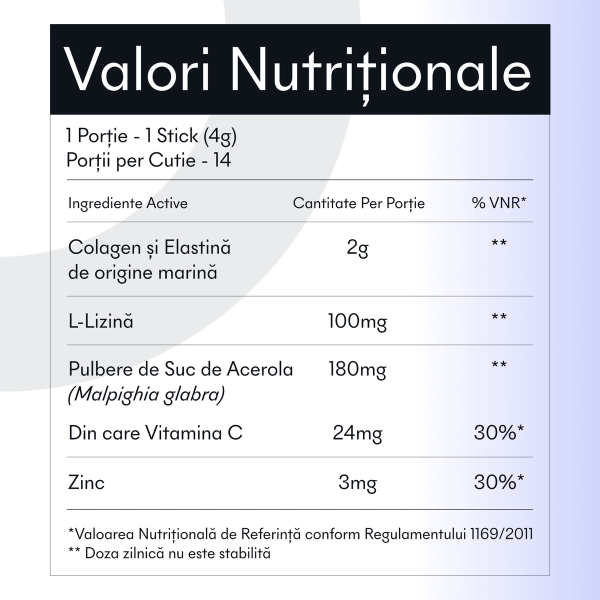 Colagen și elastină marină, L-lizină, vitamina C din Acerola și zinc în Collagen Elastin